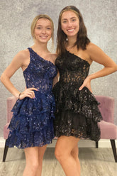 Black Homecoming Dress Tiered Lace One Shoulder Short Prom Dress
